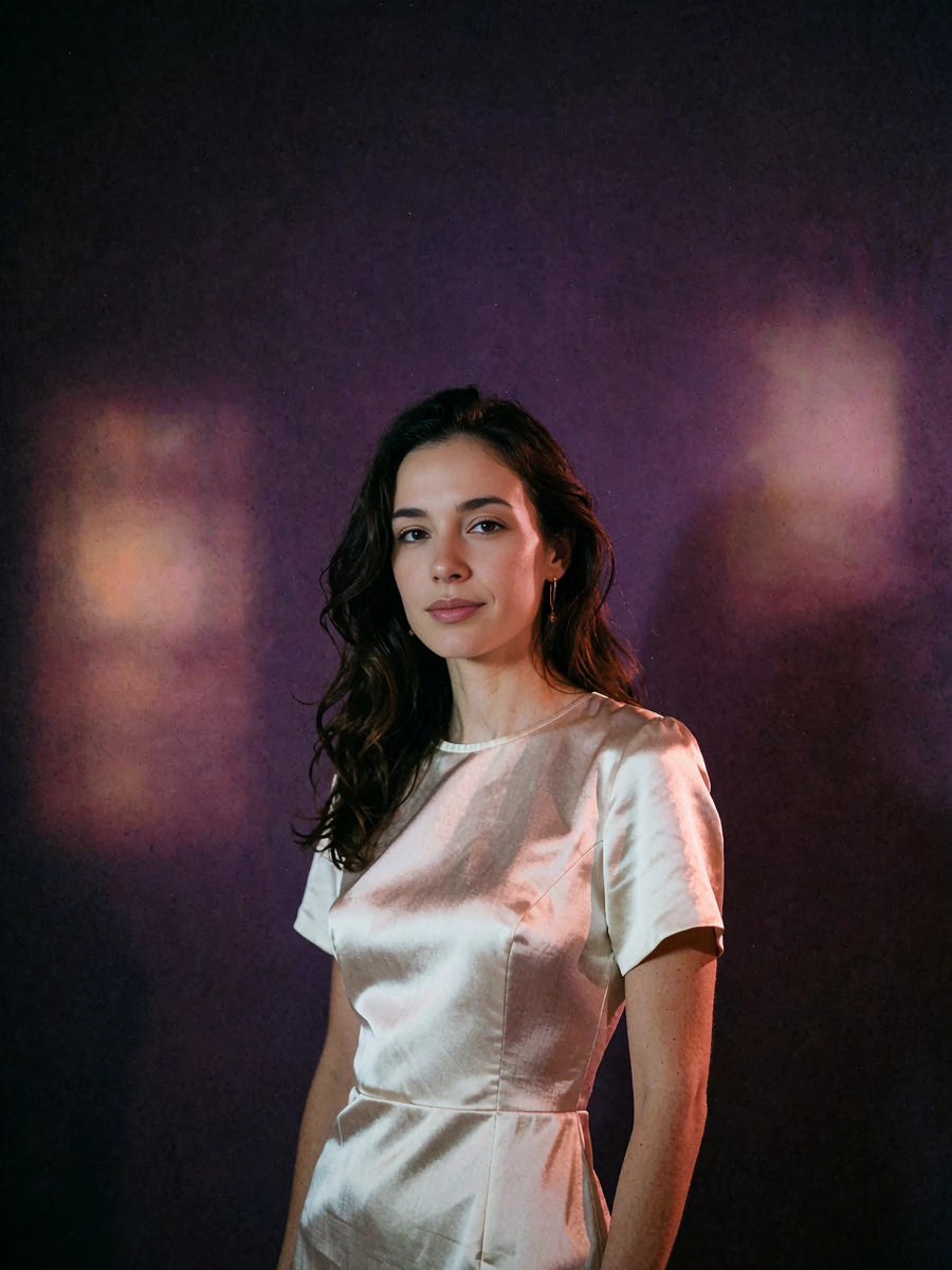 Woman with long dark waves and gold earrings in a fitted ivory dress, standing against a soft plum-toned wall
