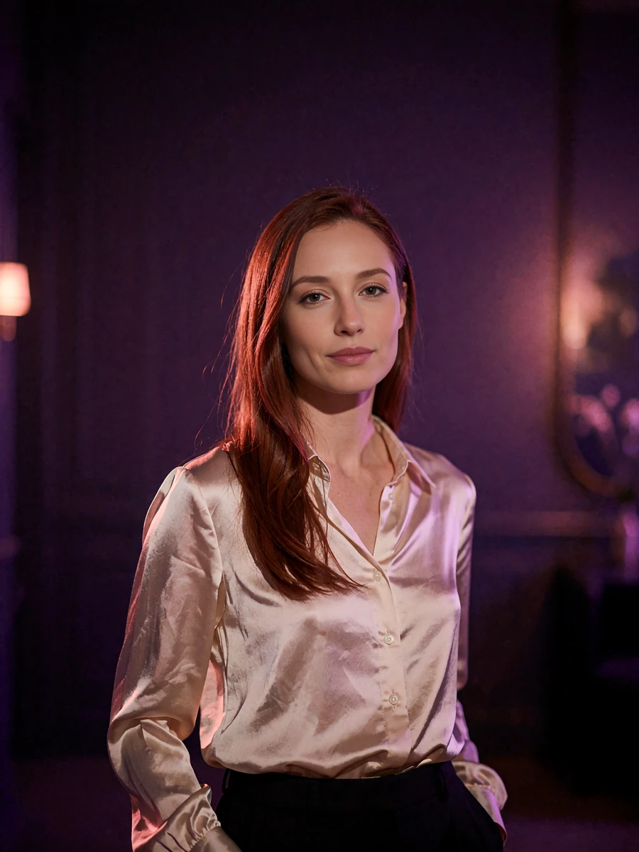 Woman with long straight auburn hair in a pearl-toned silk blouse standing in a softly blurred plum interior