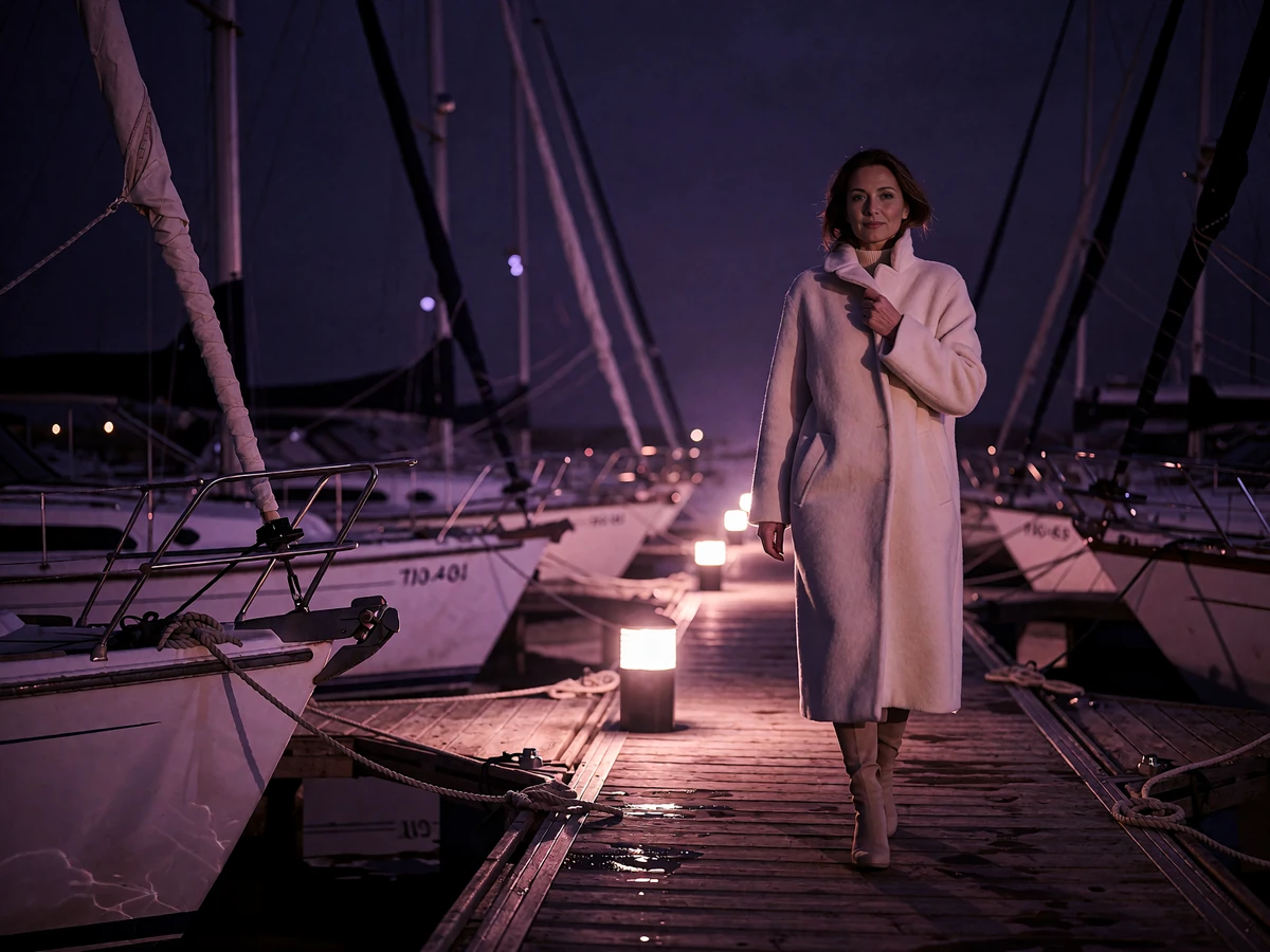 Woman in a cream cashmere coat walking along a lit marina dock in Seattle at dusk
