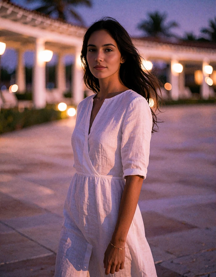 Woman with long dark hair in a crisp white linen dress standing under evening lamplight at a resort colonnade