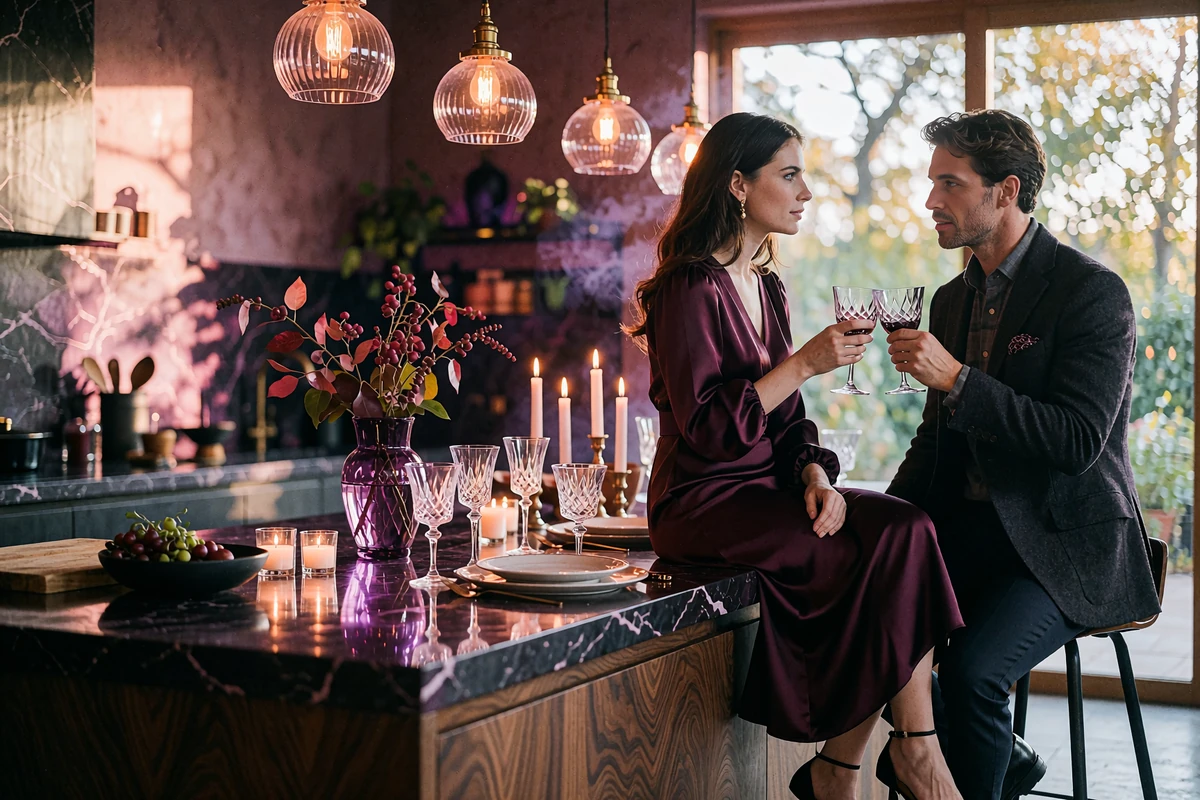 Woman in a burgundy dress and a man in a charcoal jacket sharing a candlelit chef's-table dinner in Orlando