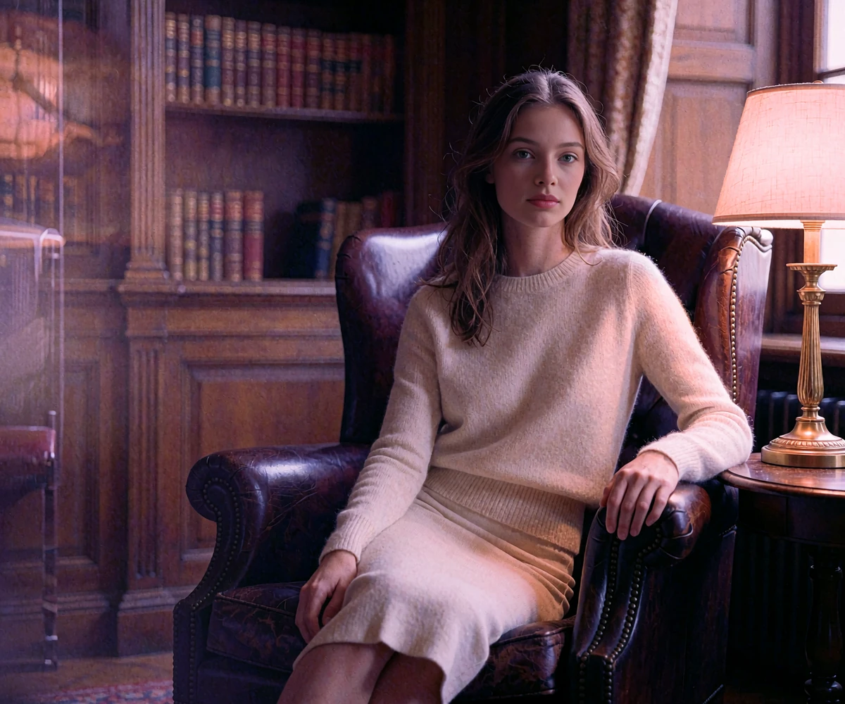 Poised young woman in a cream cashmere sweater seated in a leather armchair inside a wood-panelled Boston private club library