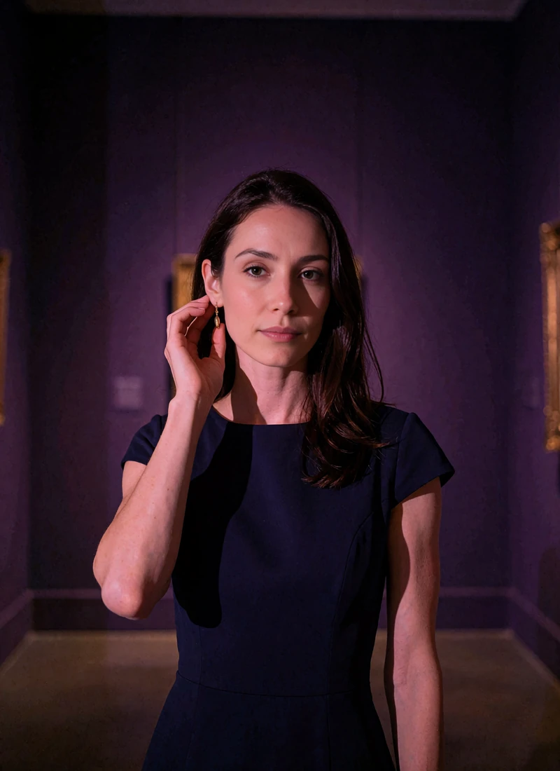 Slender brunette woman in a midnight blue cocktail dress standing in a dim gallery-like interior with violet walls