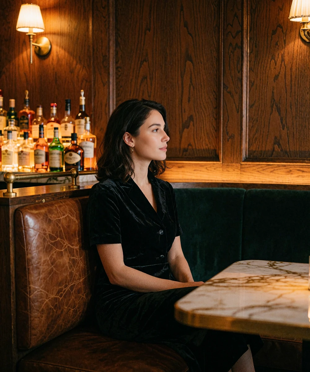 Woman in a tailored velvet dress seated in a leather booth inside a low-lit hidden cocktail room
