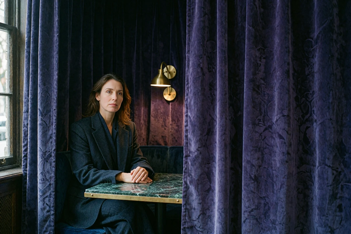 Composed woman in a tailored blazer seated alone in a curtained alcove booth of a discreet members' lounge