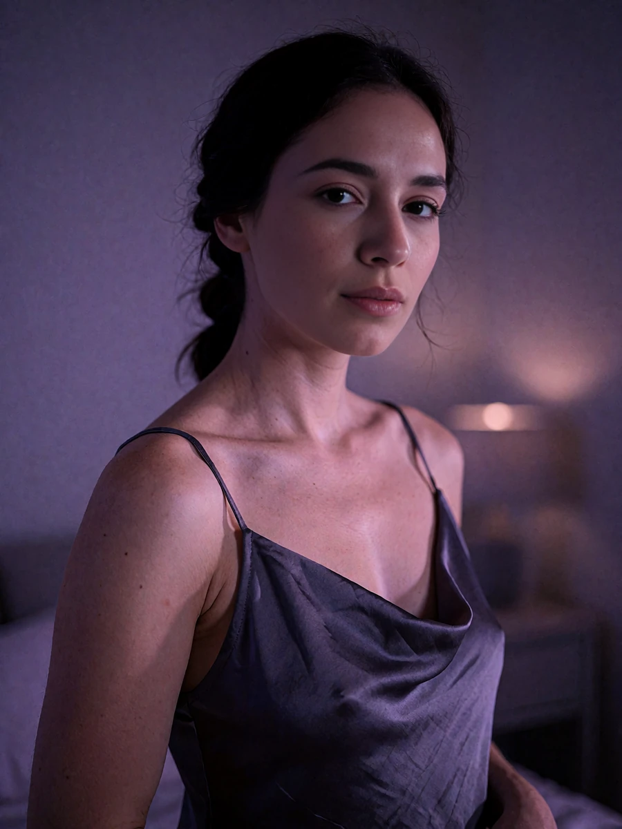 Woman with dark hair in a low twist wearing a slate-grey satin slip dress standing in a softly lit interior corner