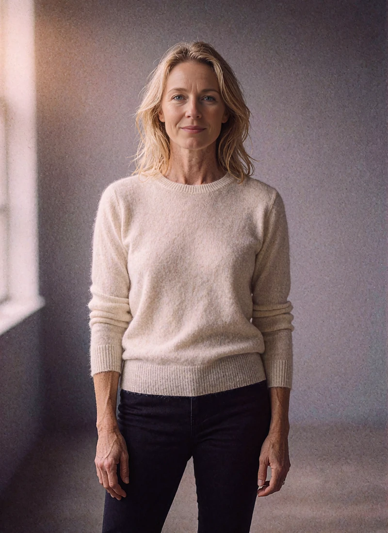 Blonde woman in an ivory cashmere sweater smiling warmly against a soft grey-violet blurred background