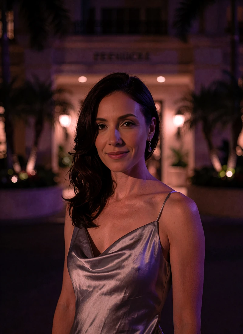Woman in a liquid-silver evening gown standing near a palm-lined hotel entrance in Beverly Hills at night