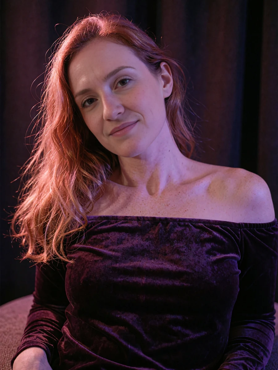 Woman with long copper-red hair in a plum velvet off-shoulder top leaning against an unseen surface with a soft smile