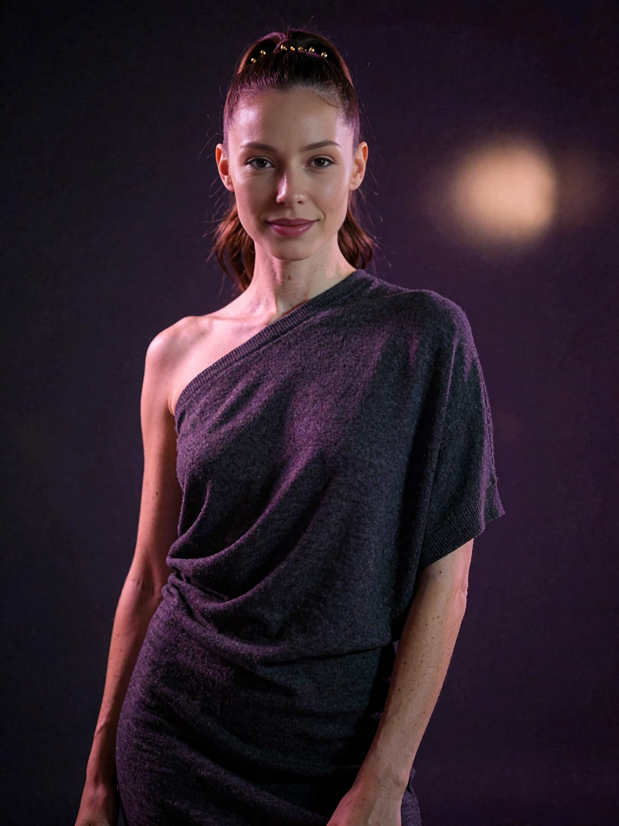 Woman with a high ponytail in a fine-gauge charcoal knit dress standing against a dark violet background with a soft amber highlight