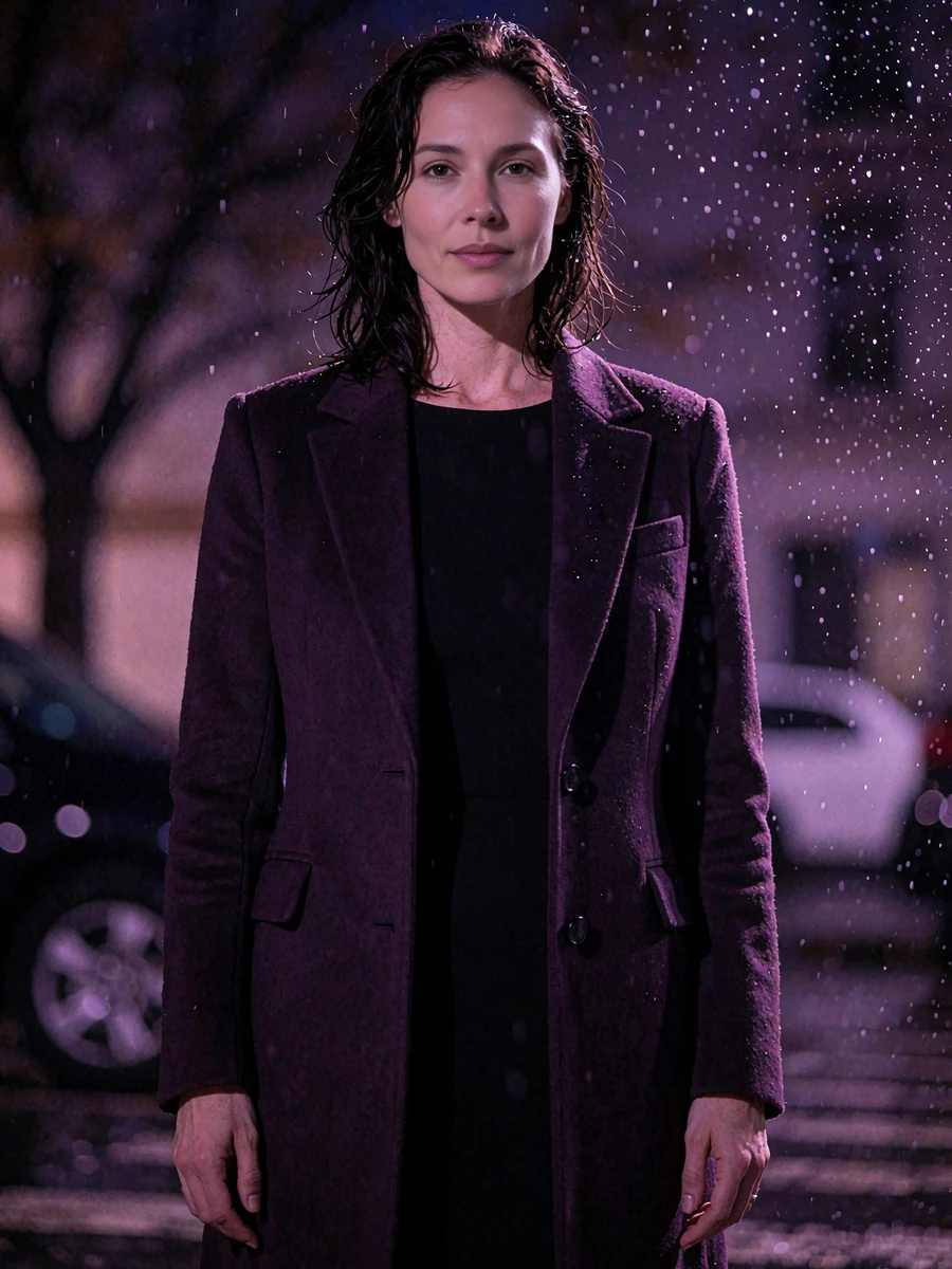 Woman with dark shoulder-length hair in a tailored plum wool coat standing outdoors at night with violet bokeh