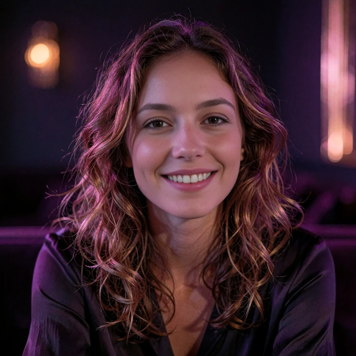 Cheerful young woman with wavy chestnut hair smiling in a dim lounge interior