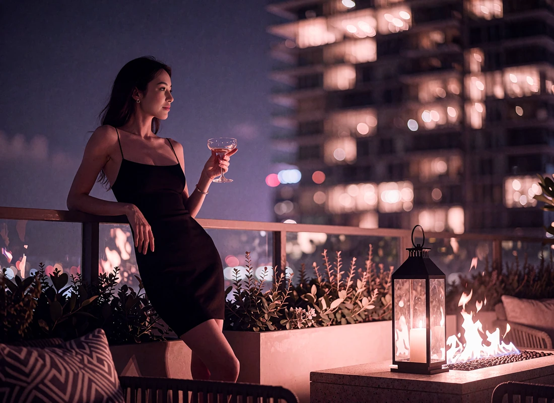Woman in a black cocktail dress leaning against a rooftop lounge rail at night overlooking illuminated Dallas high-rises