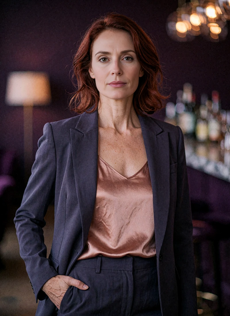 Woman with shoulder-length auburn hair in a tailored slate blazer standing in a dark hotel bar