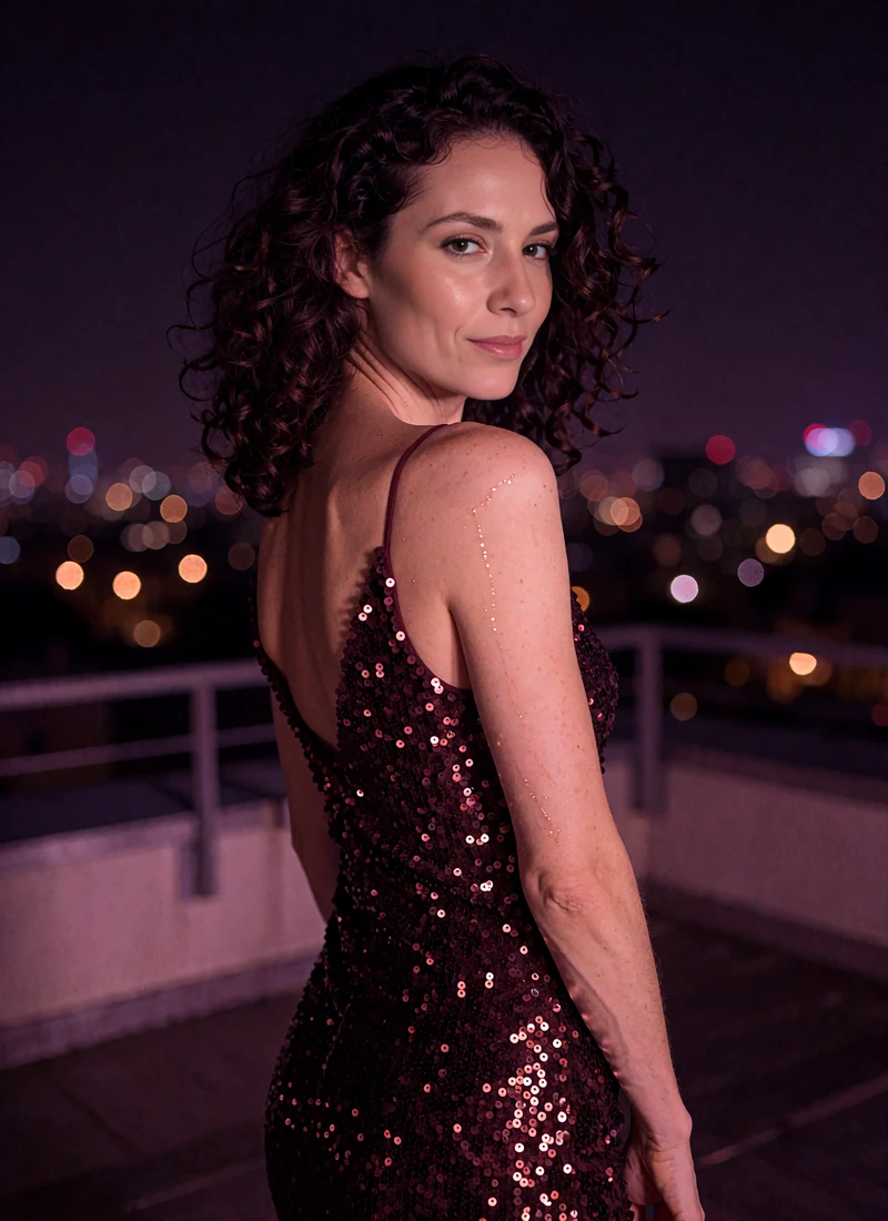 Woman with dark curly hair in a deep wine sequinned dress on a night rooftop terrace in Victory Park