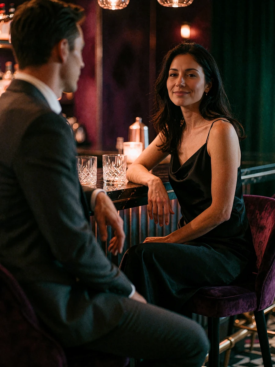 Woman in a black slip dress seated at a dark hotel cocktail bar opposite a companion in a charcoal suit