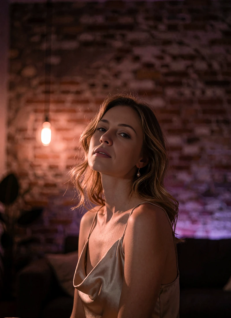 Woman with honey-blonde waves in a champagne satin slip dress standing in a blurred loft interior with warm light