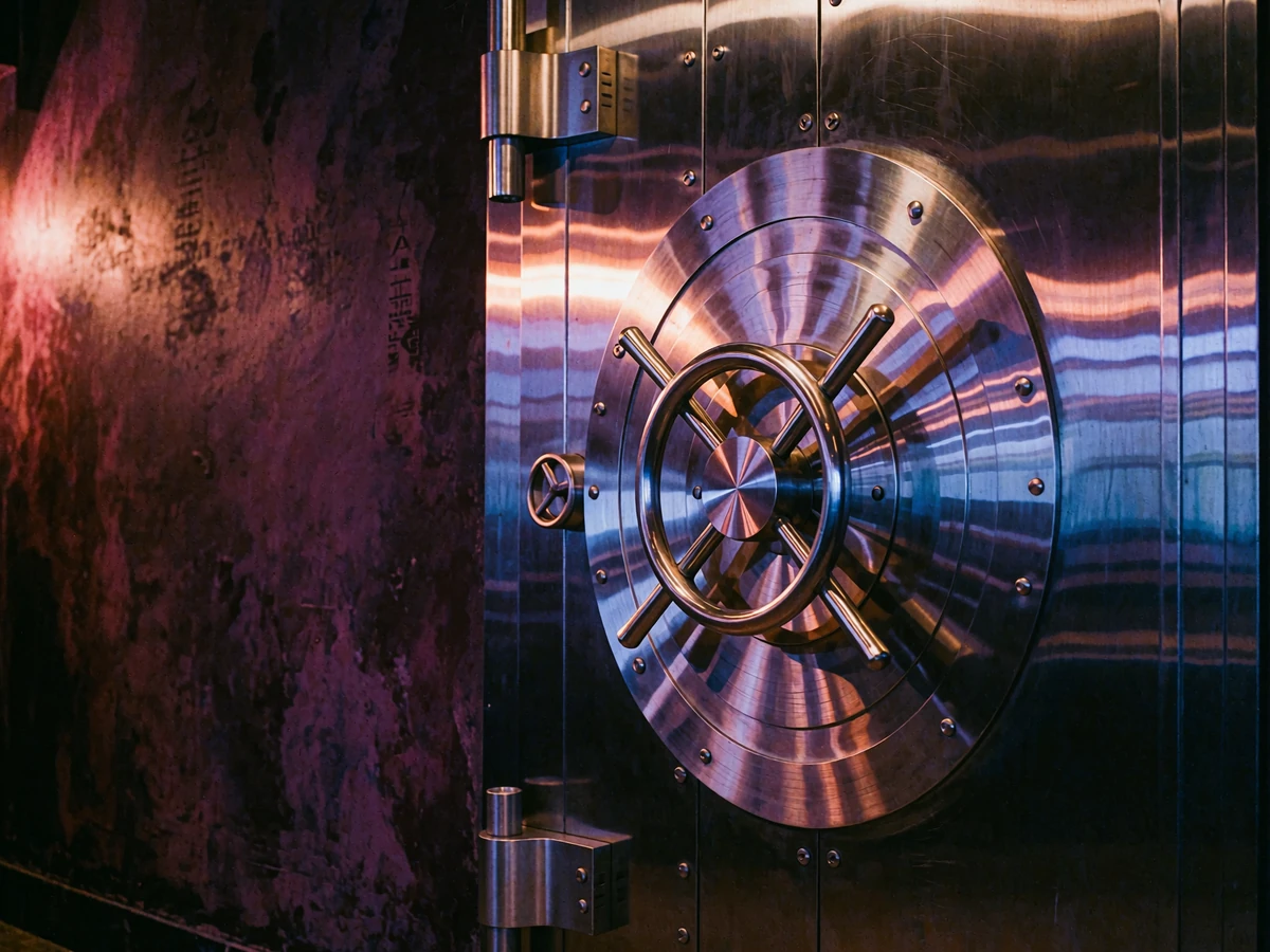 Polished stainless steel vault door with concentric machined rings, lit by warm amber light in a dark corridor