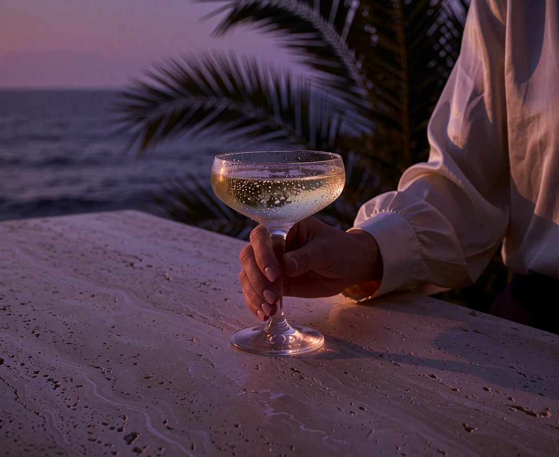 Hand with a gold bracelet lifting a coupe of sparkling wine above a stone table on a coastal terrace at dusk