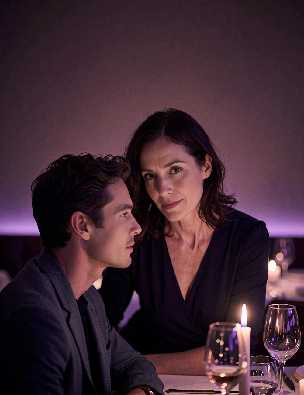 Elegant woman in her late forties leaning toward a younger man at an intimate candlelit restaurant table