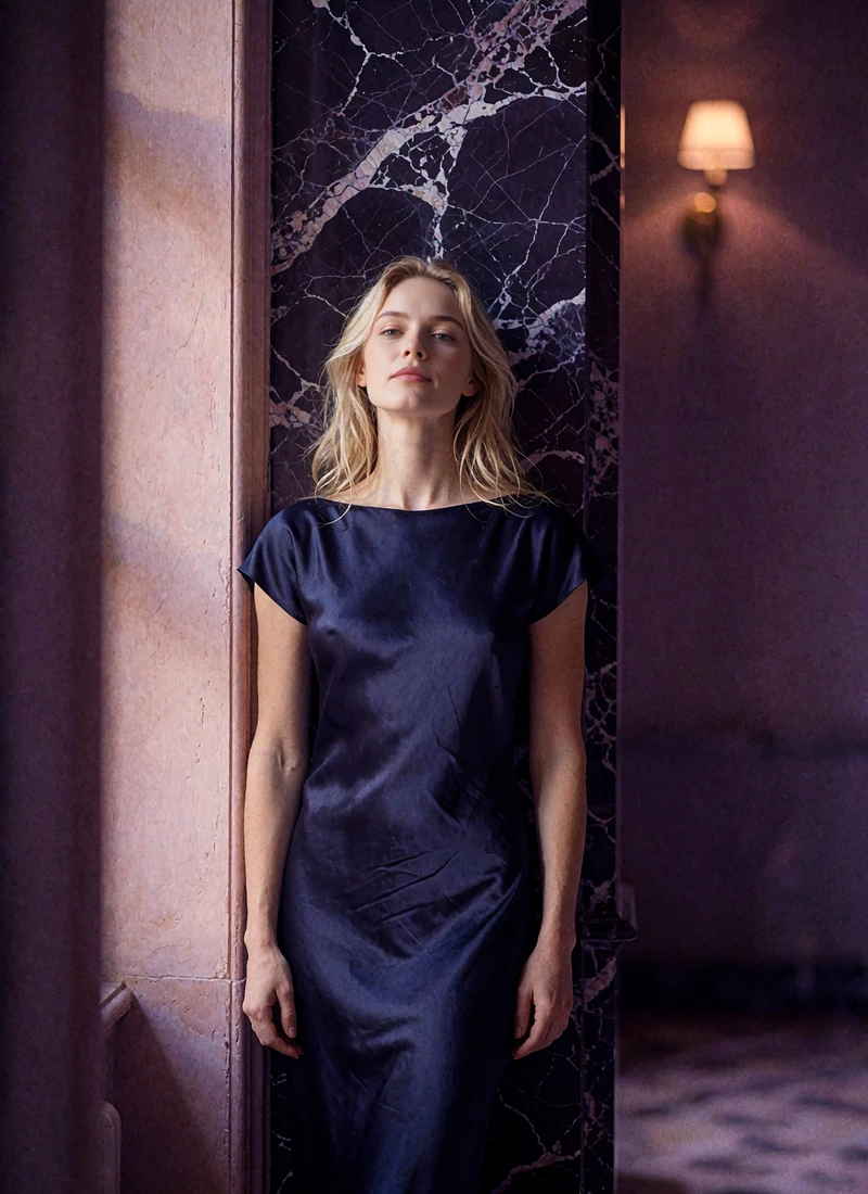 Blonde woman in a midnight-blue satin gown standing beside a dark marble column in a luxury interior