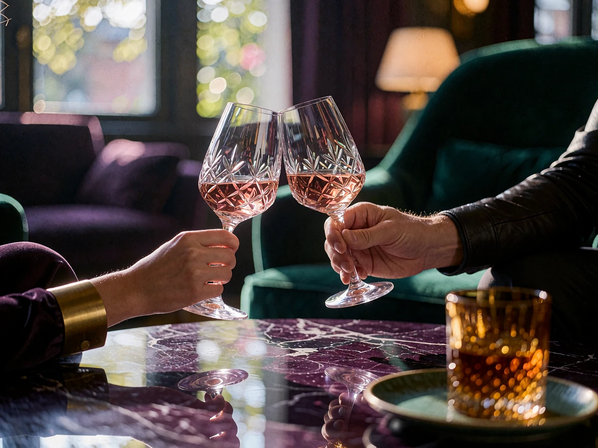 Close view of a woman's and man's hands clinking crystal wine glasses above a marble table in a warm Atlanta rooftop lounge