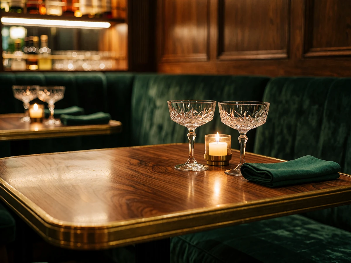 Candlelit corner table for two with crystal coupes in an upscale cocktail lounge, set before guests arrive