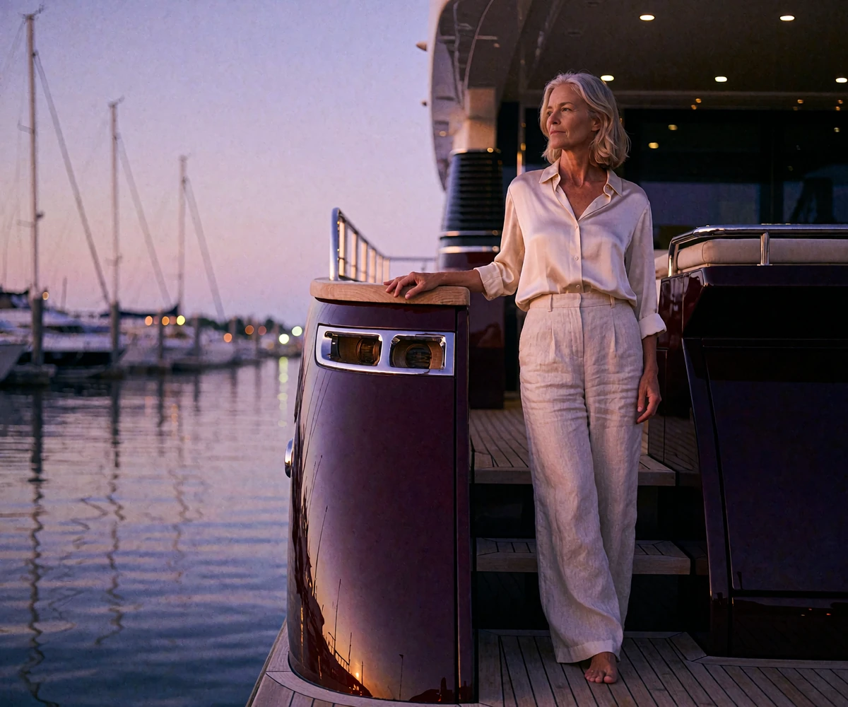 Stylish woman in her late forties in a cream silk shirt standing on a yacht's teak deck at dusk in Miami