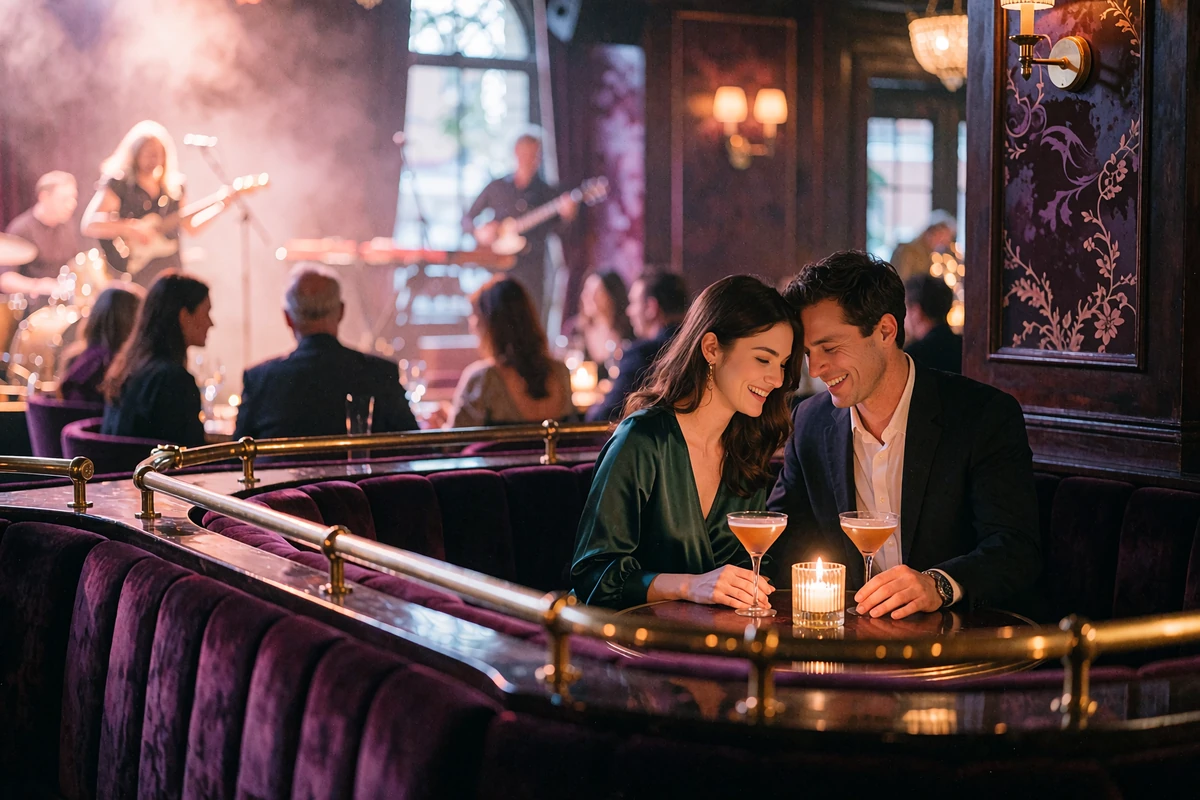 Couple laughing at a candlelit table in a dark Atlanta supper club with live music glow in the background