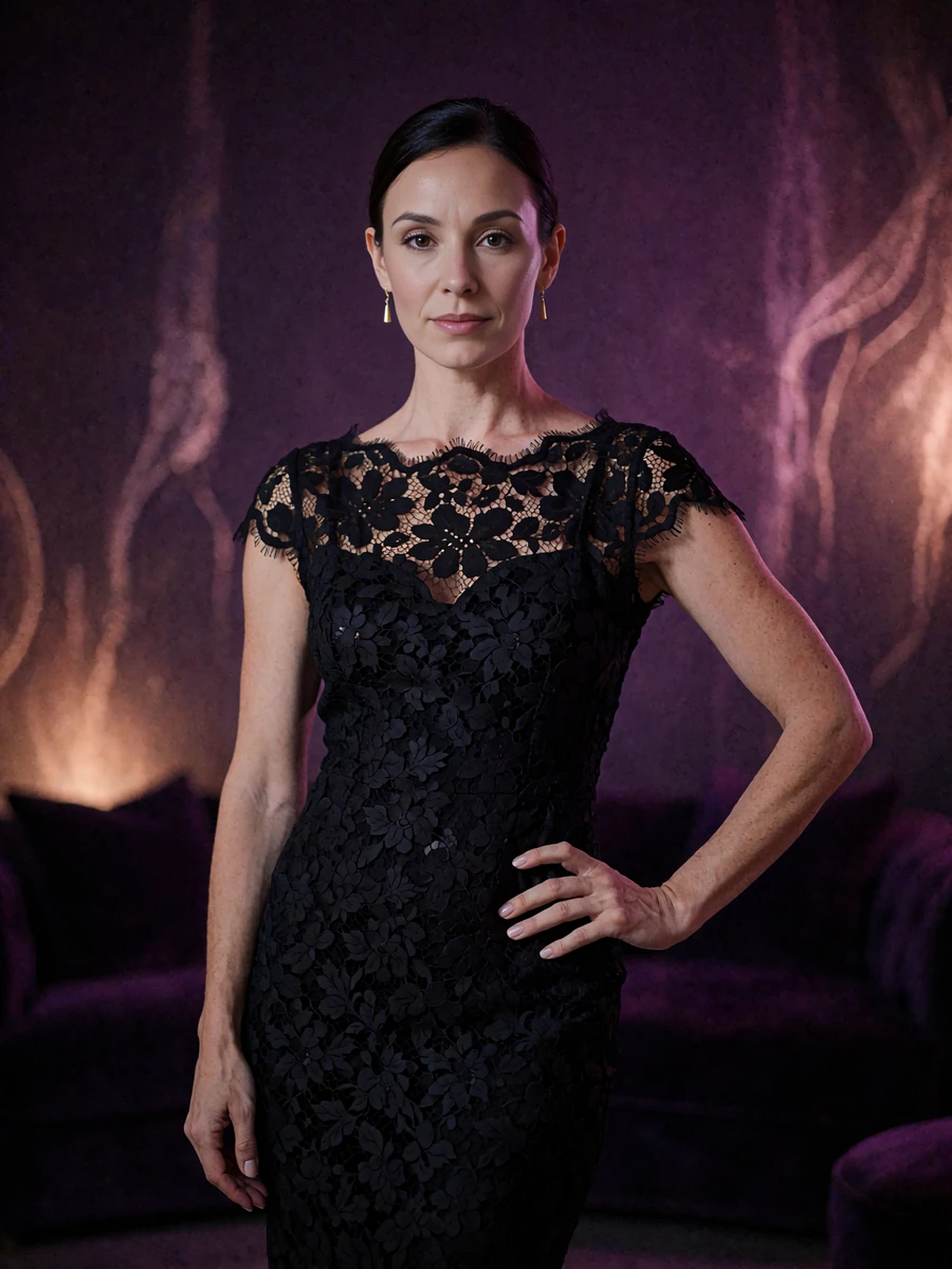 Woman with sleek dark hair and gold drop earrings in a fitted black lace evening dress under warm lounge light