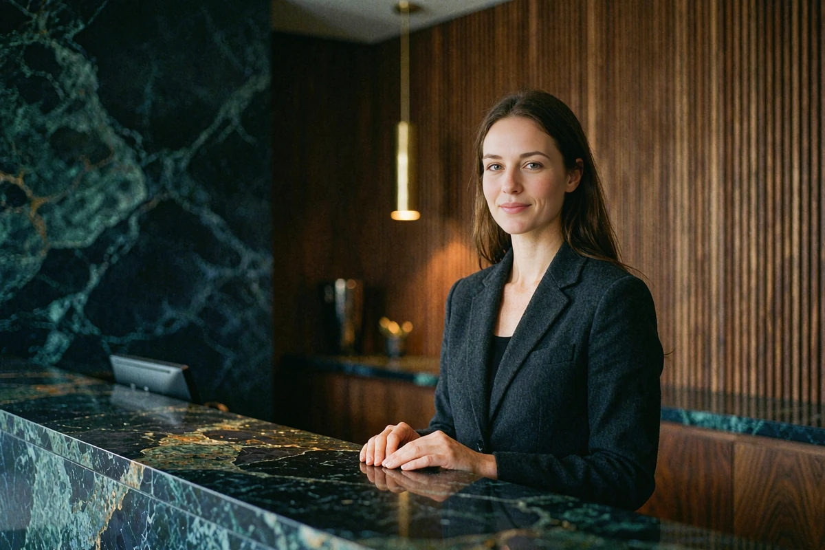 Professional woman in a charcoal blazer standing behind a stone reception counter of a boutique hotel