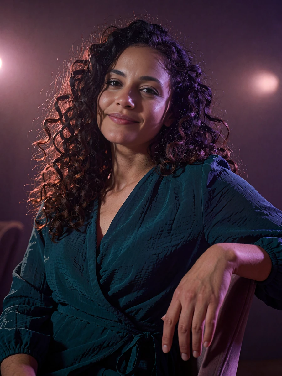 Woman with voluminous dark curly hair in a deep teal wrap blouse seated with a warm smile