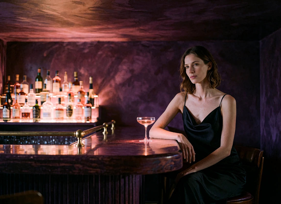 Woman in a black satin slip dress at the corner of a dim basement speakeasy bar with a coupe glass