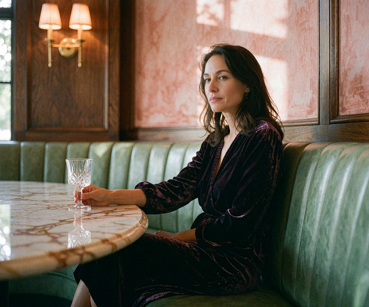 Elegant woman in a dark velvet dress seated in a green leather booth of an upscale Dallas steakhouse
