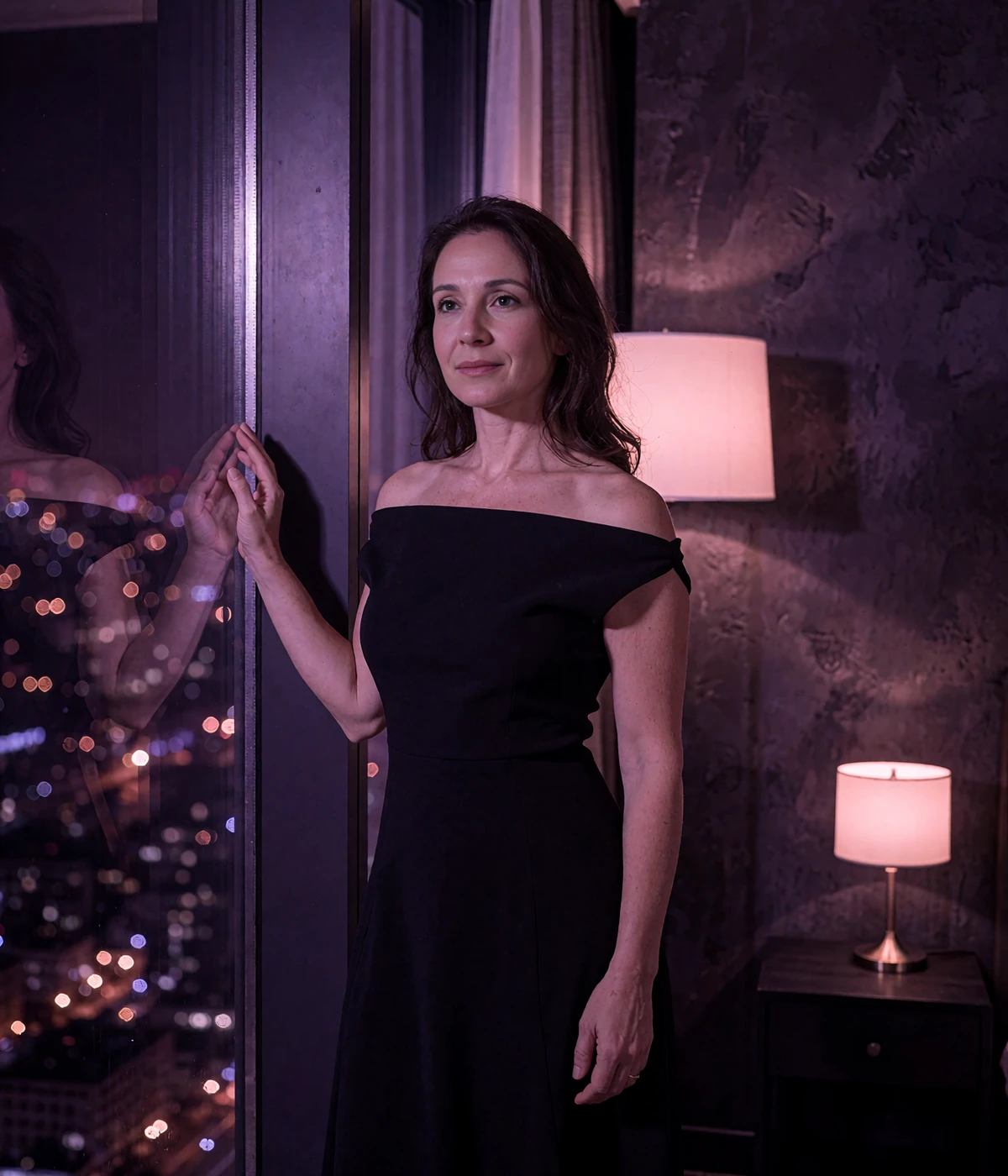 Woman in a black off-shoulder dress standing beside a tall penthouse window overlooking the Houston skyline at night