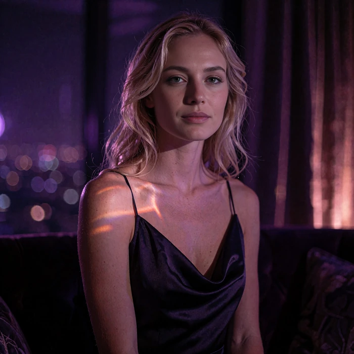 Poised blonde woman in a dark satin evening gown beside a blurred night-time window with violet city glow
