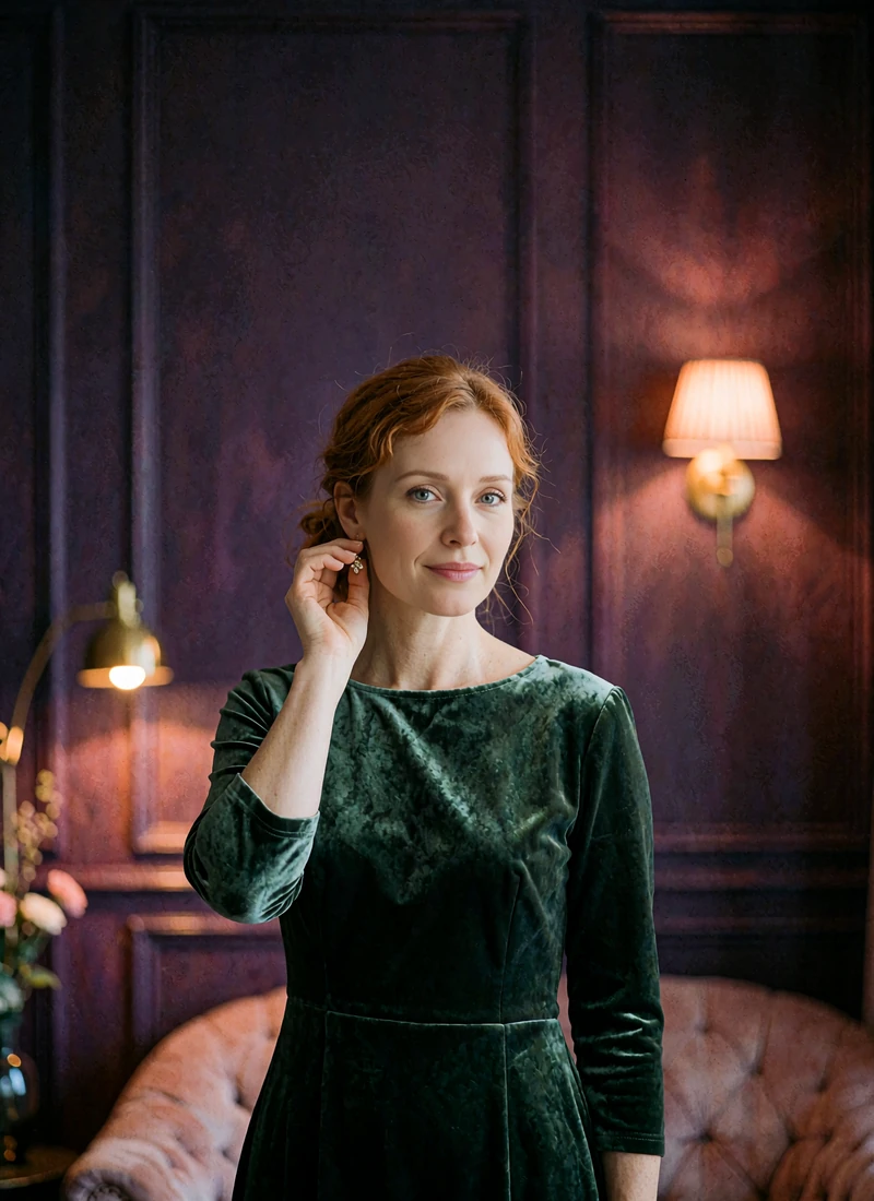 Woman with copper-toned hair in a forest-green velvet dress standing against a blurred timber wall with warm sconce light