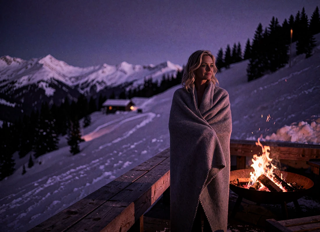 Woman in a grey blanket coat standing beside a fire pit on a mountain lodge terrace at blue hour with pine ridgelines behind