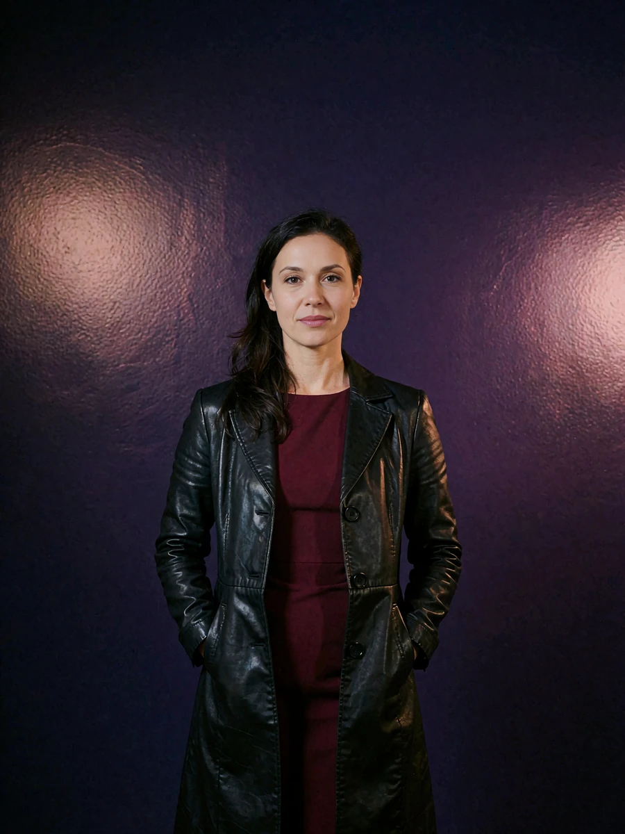 Woman with dark hair in a fitted black leather coat over a burgundy dress standing with hands in her pockets