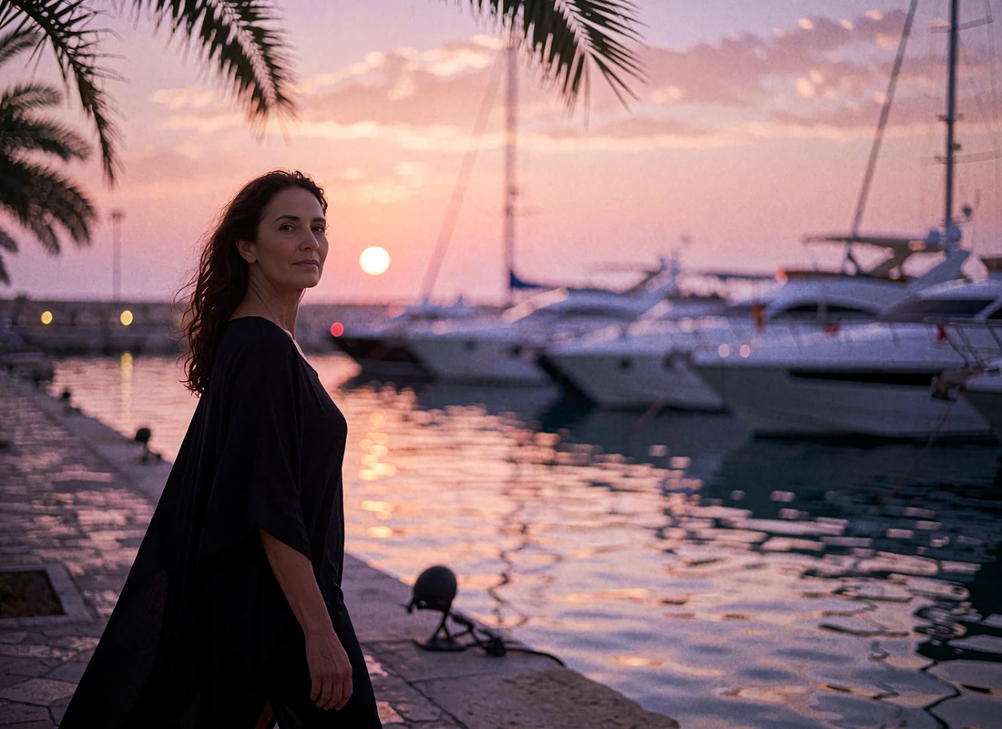 Confident woman in a flowing black kaftan walking along a Miami marina boardwalk at sunset