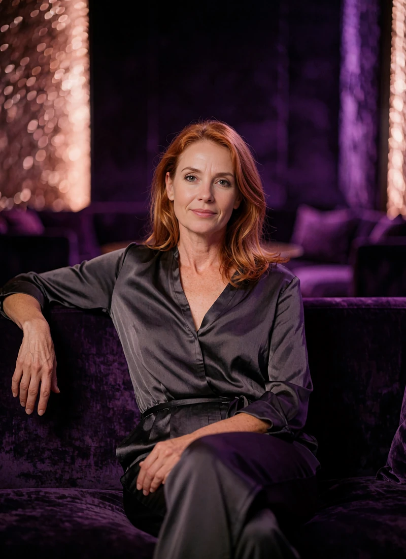 Relaxed woman with copper hair in a charcoal silk jumpsuit seated on a velvet sofa in a dim private lounge
