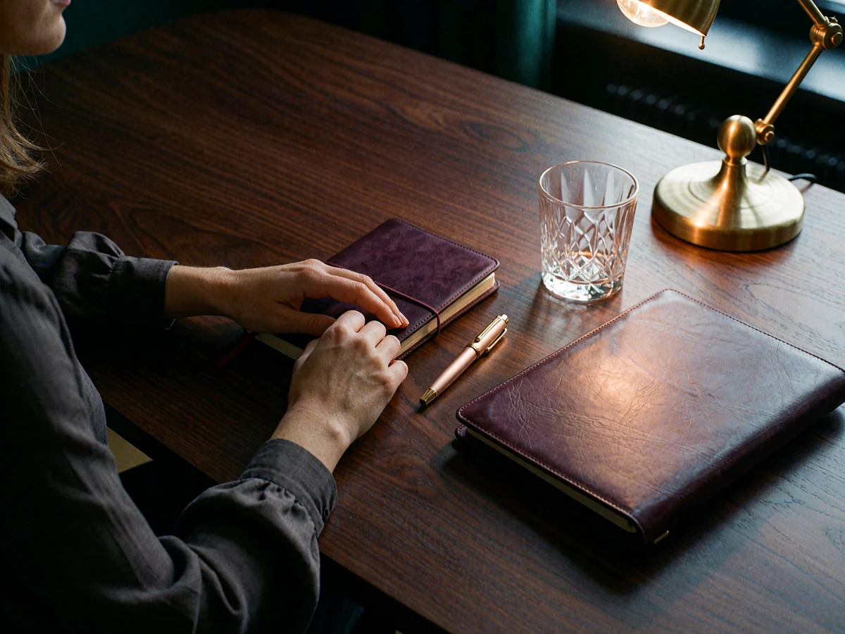 Woman's hands beside a closed leather notebook and fountain pen on a dark walnut desk under warm lamplight