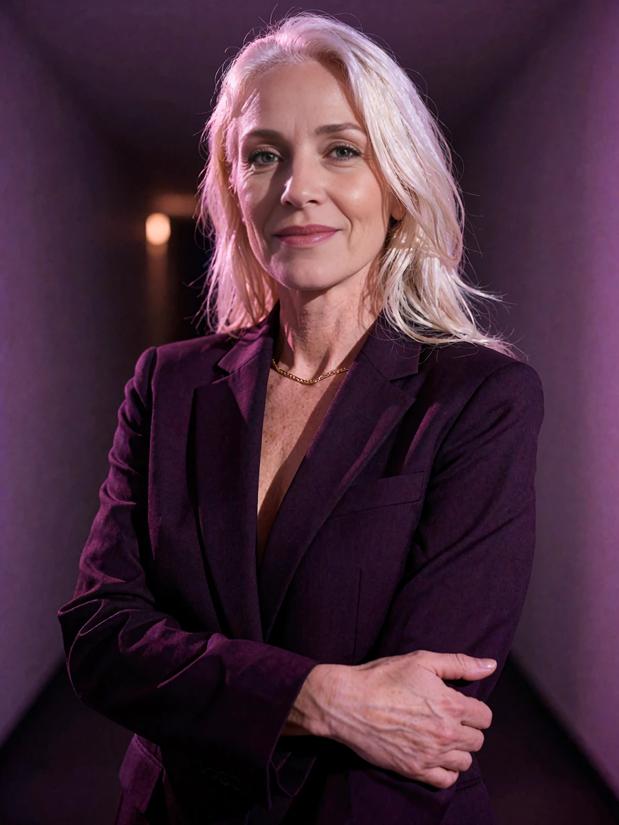 Woman with cropped platinum-blonde hair in a tailored midnight blazer standing in a dark corridor with a confident smile