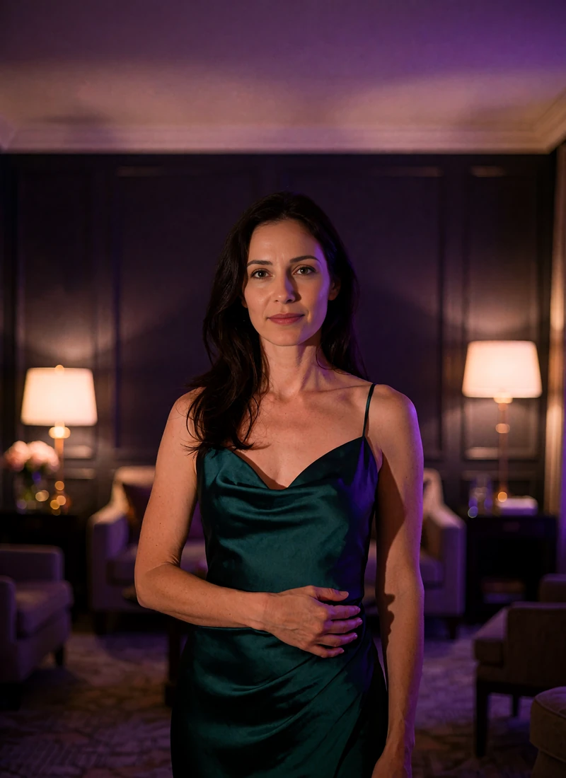 Poised woman with long dark hair in an emerald satin evening gown standing in a softly lit hotel lounge
