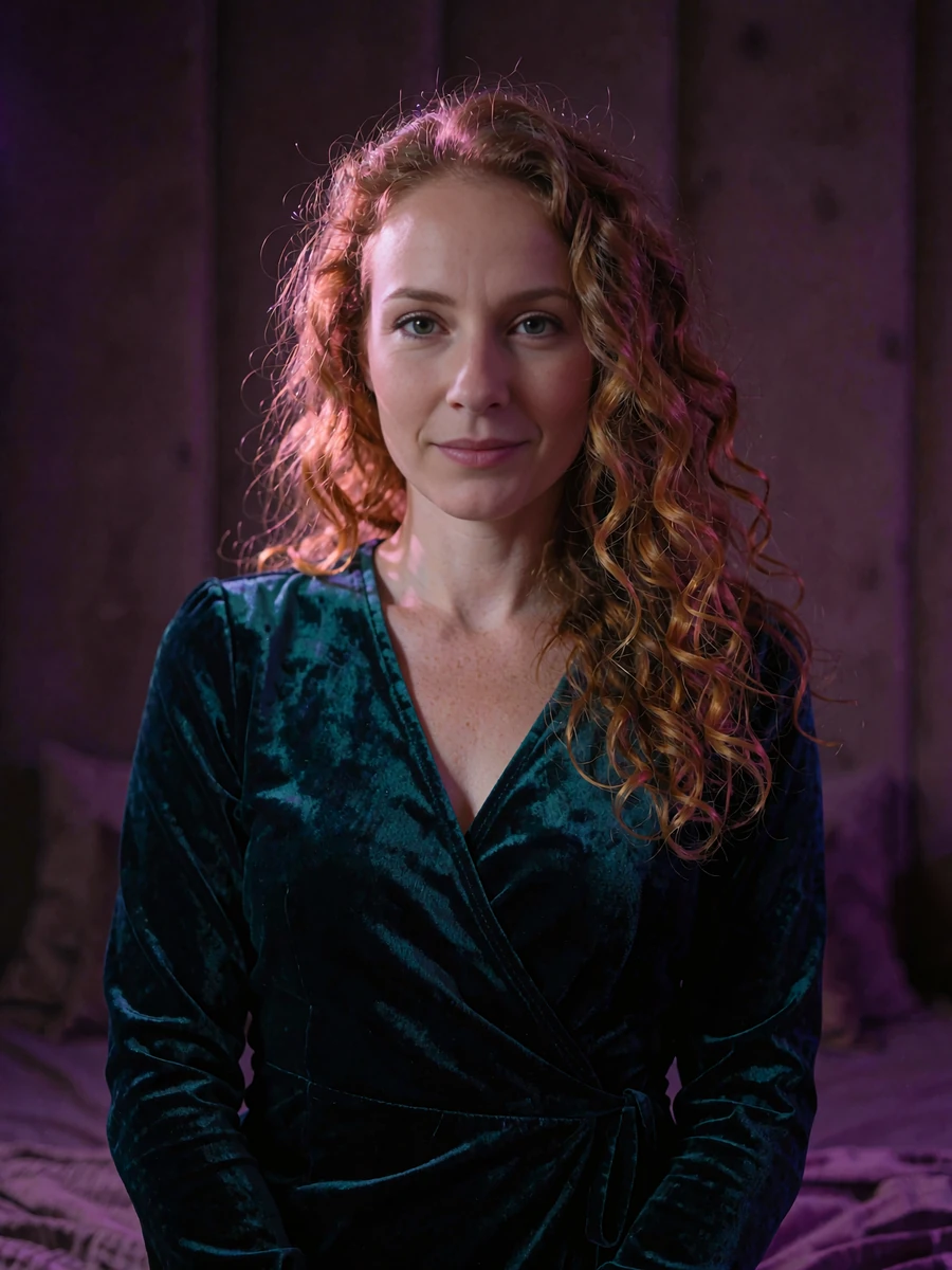 Woman with long auburn curls in an emerald velvet wrap dress standing in a dim upholstered Nashville lounge