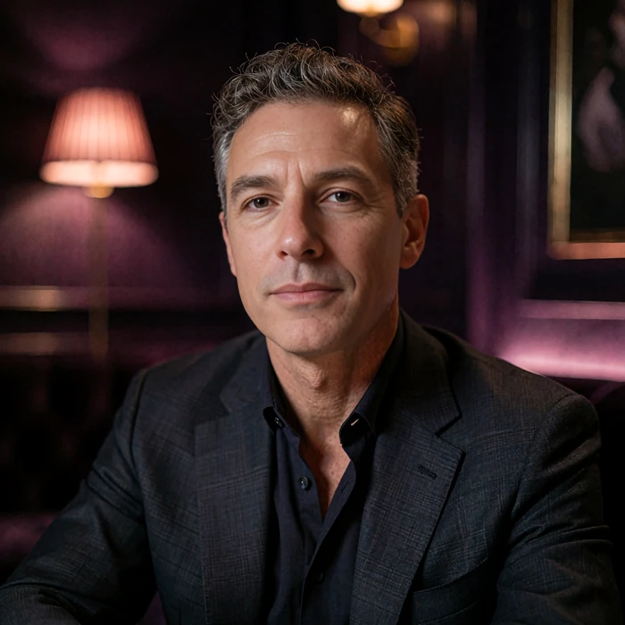 Well-groomed man in a dark tailored suit with a thoughtful expression in a dim restaurant interior