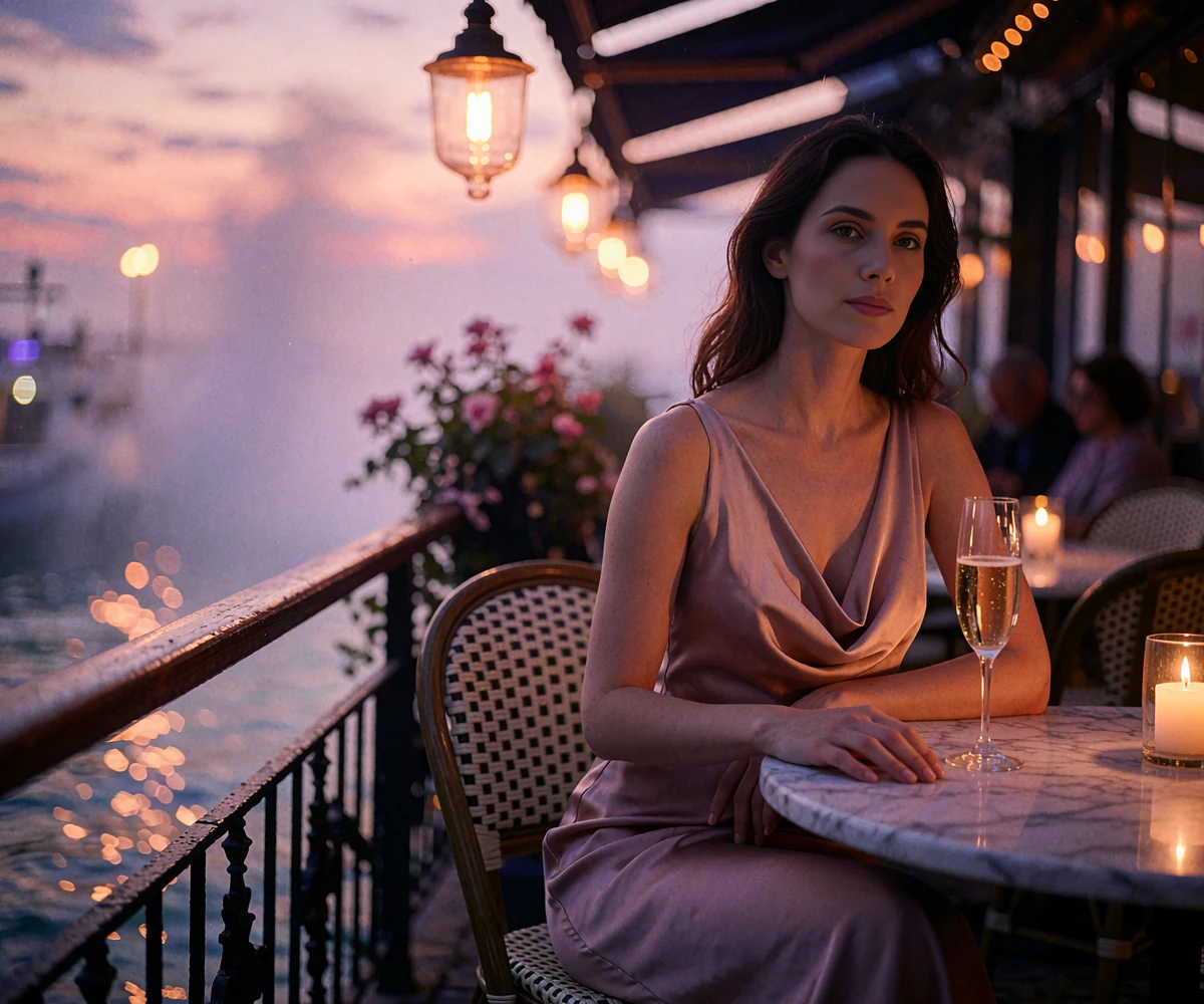 Woman in a blush satin dress seated at a marble table on a Tampa waterfront restaurant terrace at dusk
