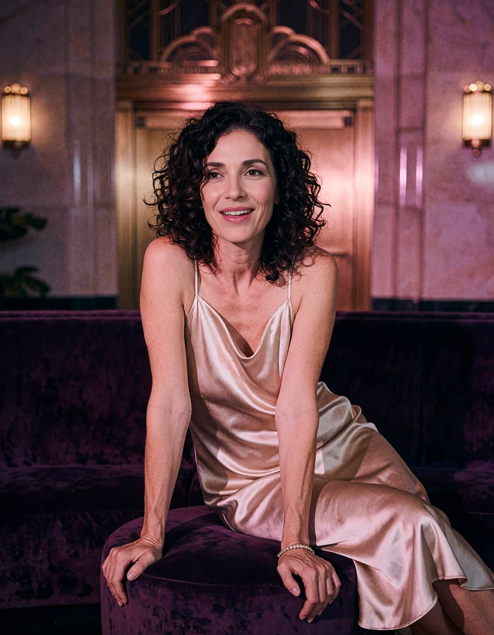 Poised woman in her late forties with dark curly hair wearing a champagne satin dress in an art-deco lobby