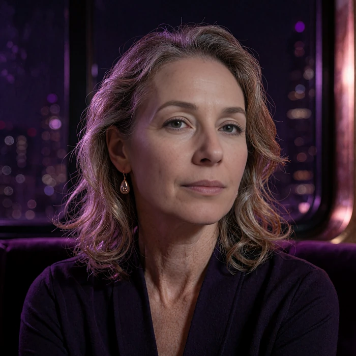 Refined woman in her early fifties with a single rose-gold earring, photographed against a darkened window with faint city glow