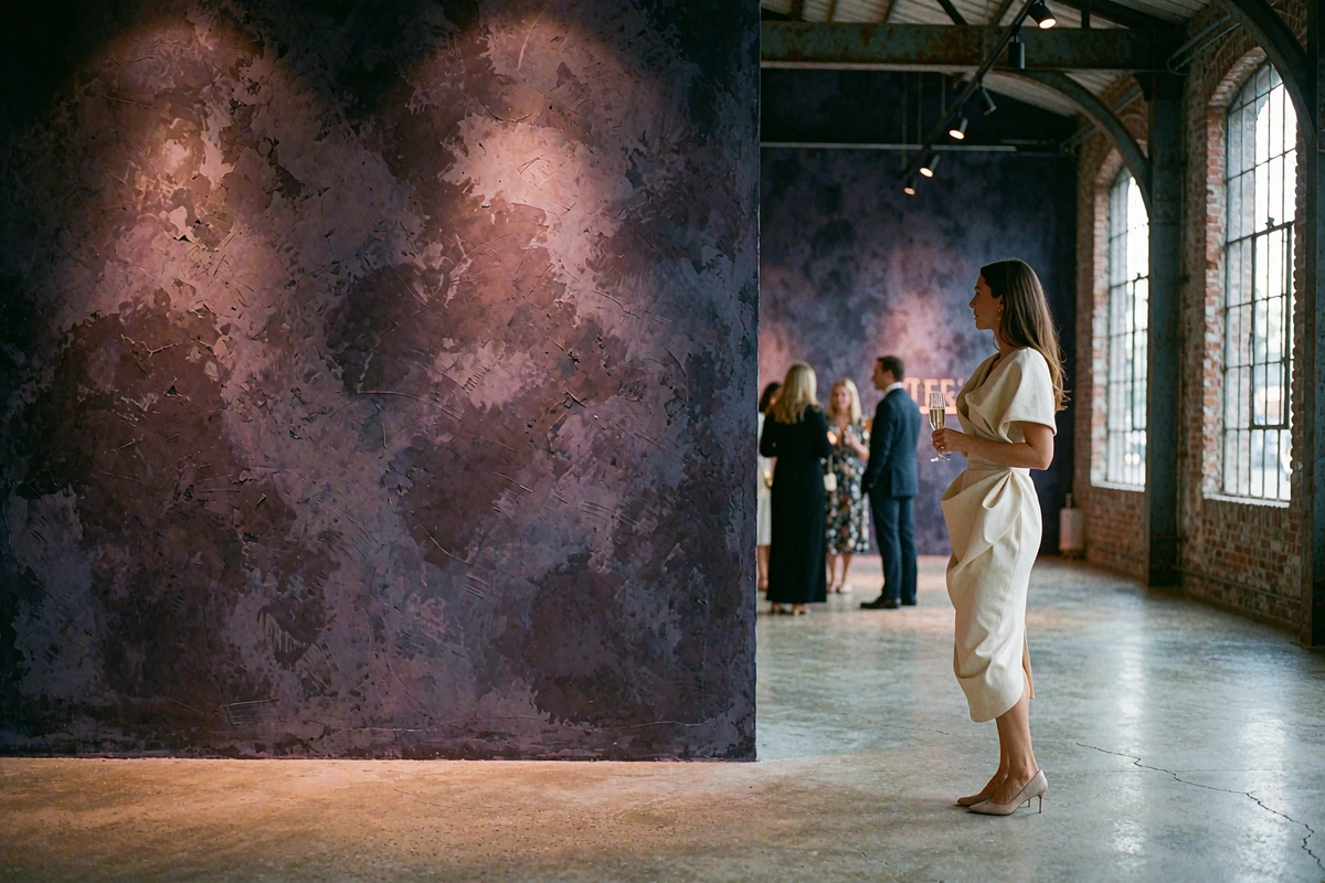 Woman in a cream dress holding champagne at a dim Atlanta gallery opening with warm spotlight pools